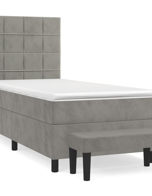 Загрузите изображение в средство просмотра галереи, Pat box spring cu saltea, gri deschis, 100x200 cm, catifea
