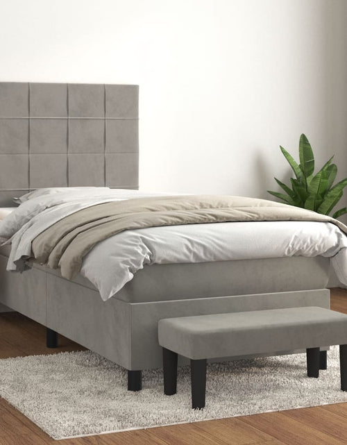 Загрузите изображение в средство просмотра галереи, Pat box spring cu saltea, gri deschis, 100x200 cm, catifea
