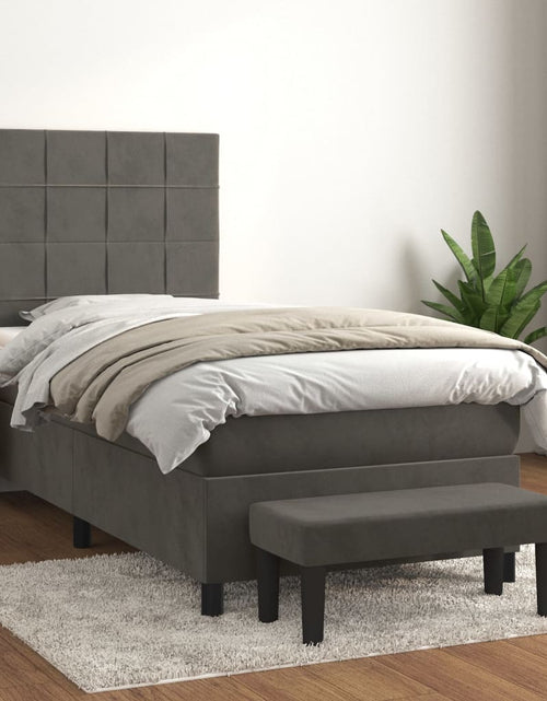 Загрузите изображение в средство просмотра галереи, Pat box spring cu saltea, gri închis, 100x200 cm, catifea
