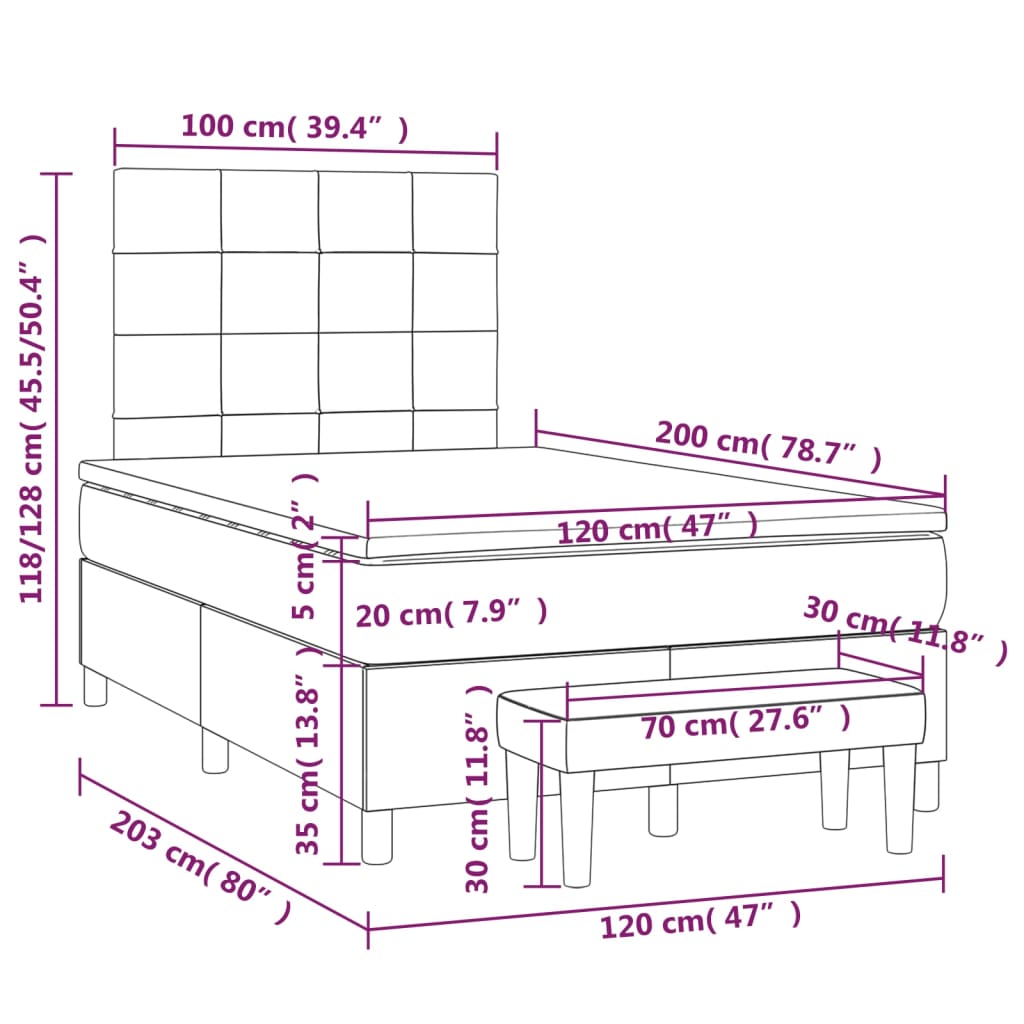 Pat box spring cu saltea, gri închis, 120x200 cm, catifea