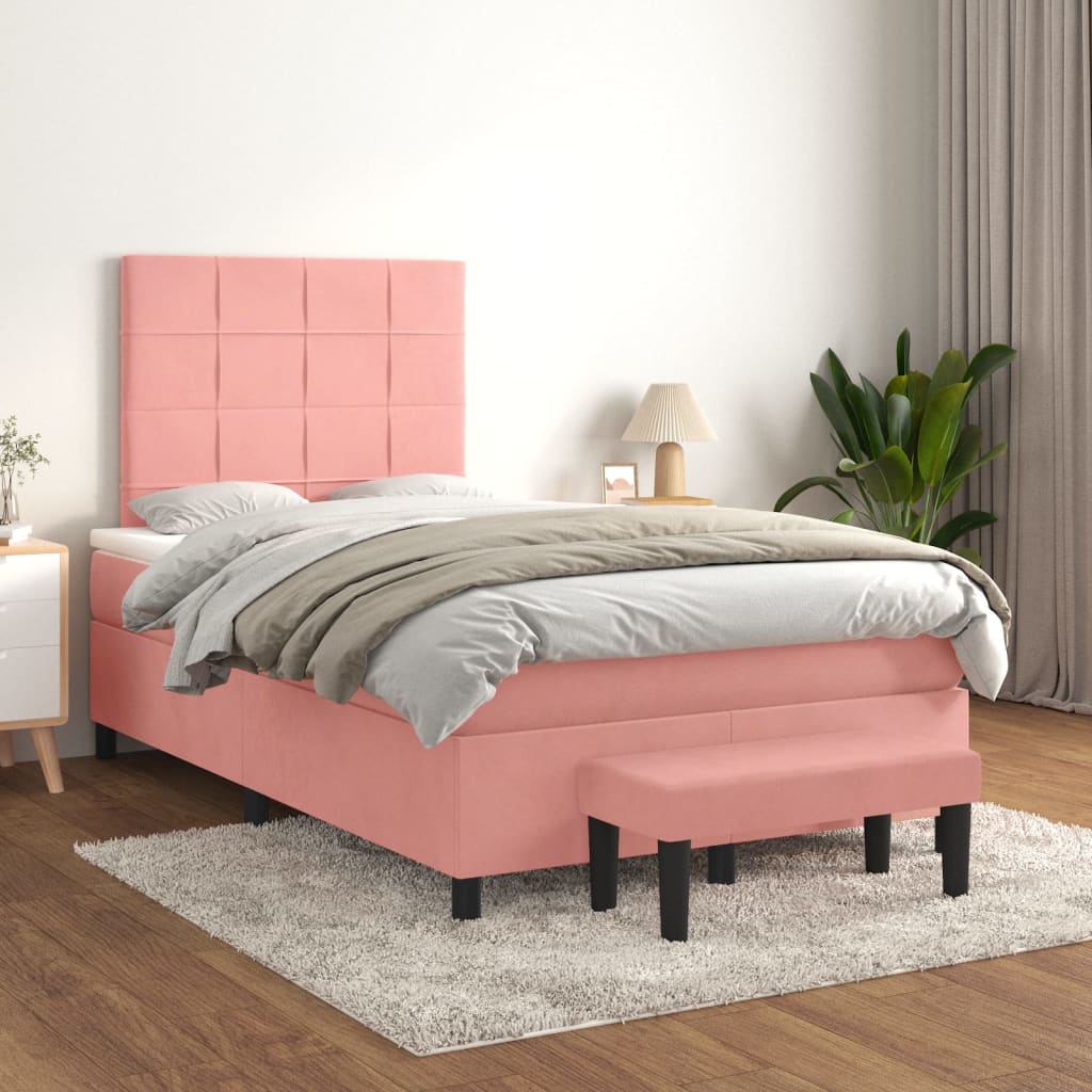 Pat box spring cu saltea, roz, 120x200 cm, catifea