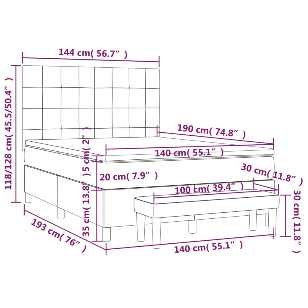 Pat box spring cu saltea, gri deschis, 140x190 cm, catifea