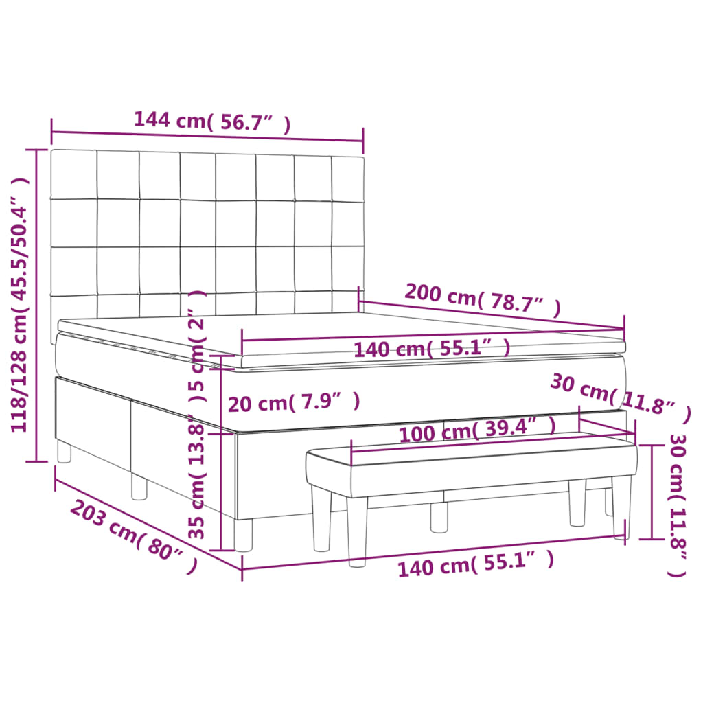 Pat box spring cu saltea, gri deschis, 140x200 cm, catifea