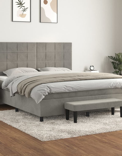 Загрузите изображение в средство просмотра галереи, Pat box spring cu saltea, gri deschis, 160x200 cm, catifea
