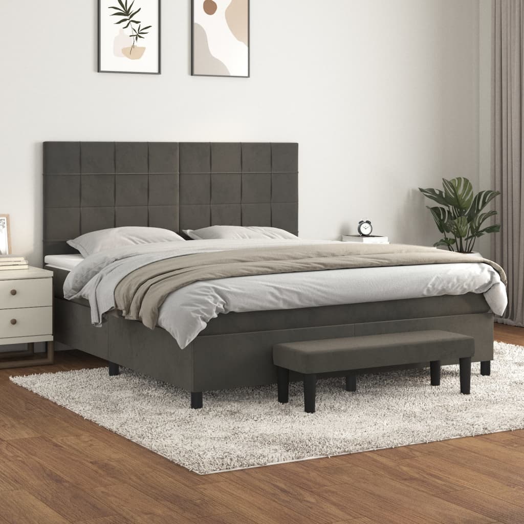 Pat box spring cu saltea, gri închis, 160x200 cm, catifea