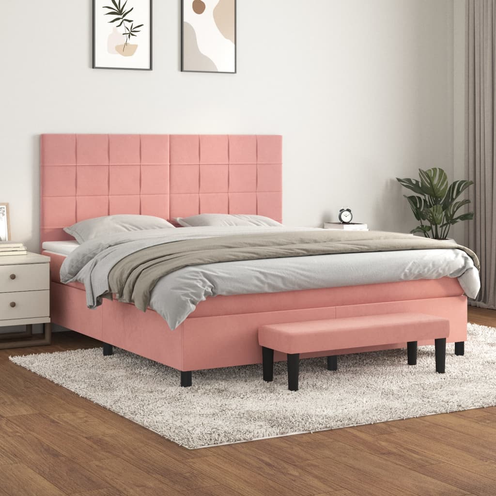 Pat box spring cu saltea, roz, 160x200 cm, catifea