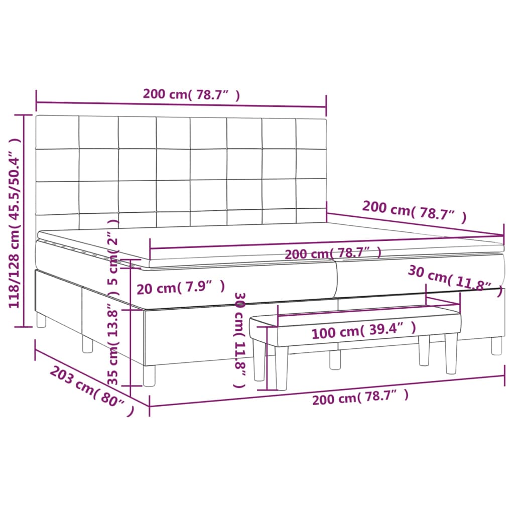 Pat box spring cu saltea, gri închis, 200x200 cm, catifea