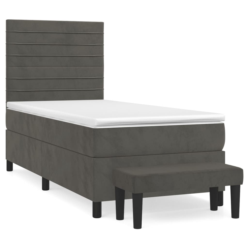 Pat box spring cu saltea, gri închis, 90x190 cm, catifea