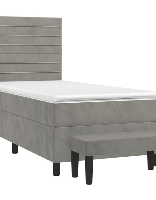 Загрузите изображение в средство просмотра галереи, Pat box spring cu saltea, gri deschis, 90x200 cm, catifea
