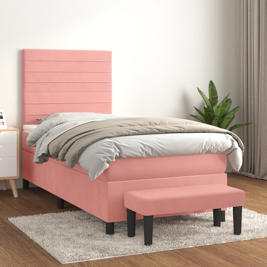 Pat box spring cu saltea, roz, 90x200 cm, catifea