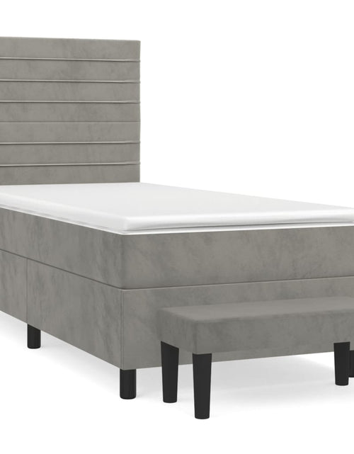 Загрузите изображение в средство просмотра галереи, Pat box spring cu saltea, gri deschis, 100x200 cm, catifea
