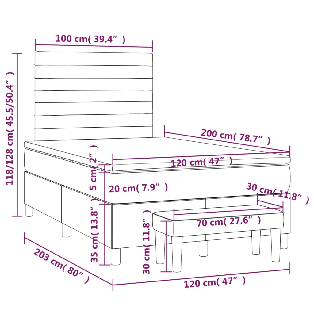 Pat box spring cu saltea, gri închis, 120x200 cm, catifea