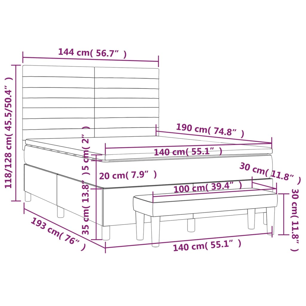 Pat box spring cu saltea, gri închis, 140x190 cm, catifea