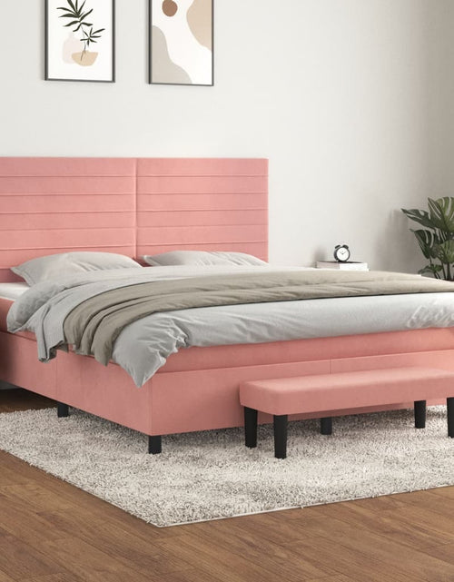 Загрузите изображение в средство просмотра галереи, Pat box spring cu saltea, roz, 160x200 cm, catifea
