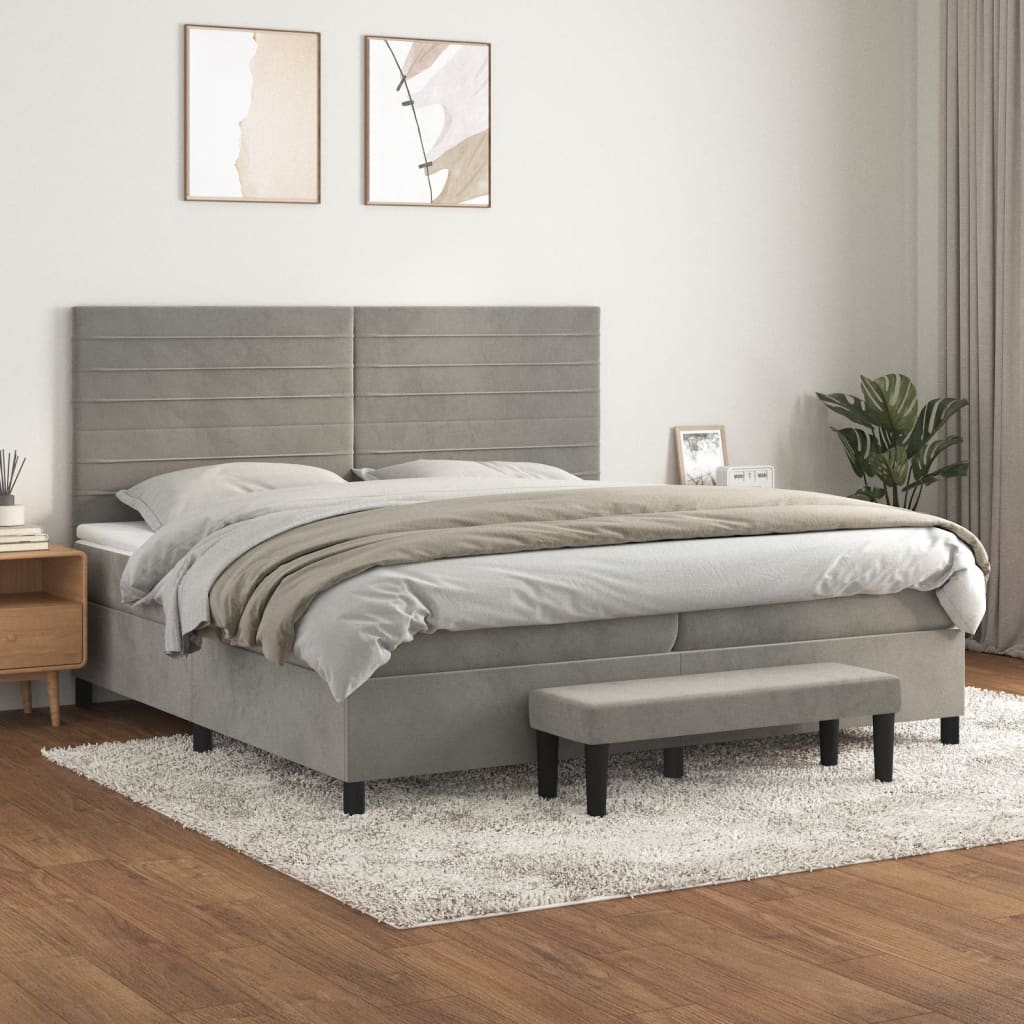 Pat box spring cu saltea, gri deschis, 200x200 cm, catifea