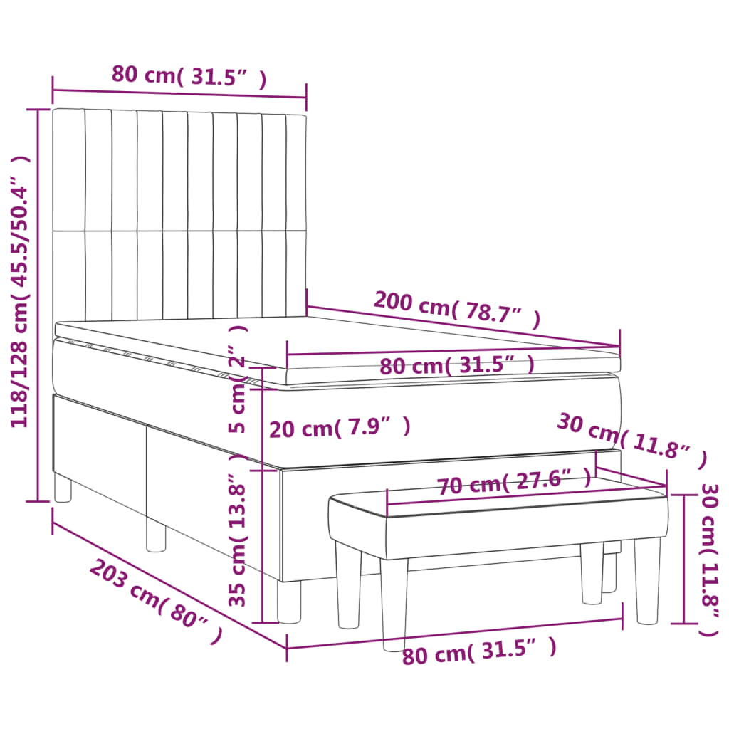 Pat continental cu saltea, gri deschis, 80x200 cm, catifea