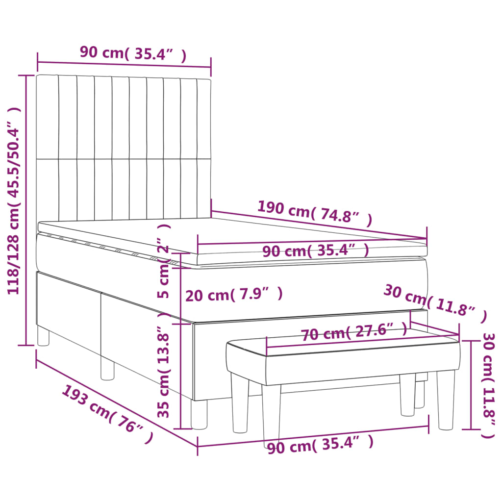 Pat box spring cu saltea, gri deschis, 90x190 cm, catifea