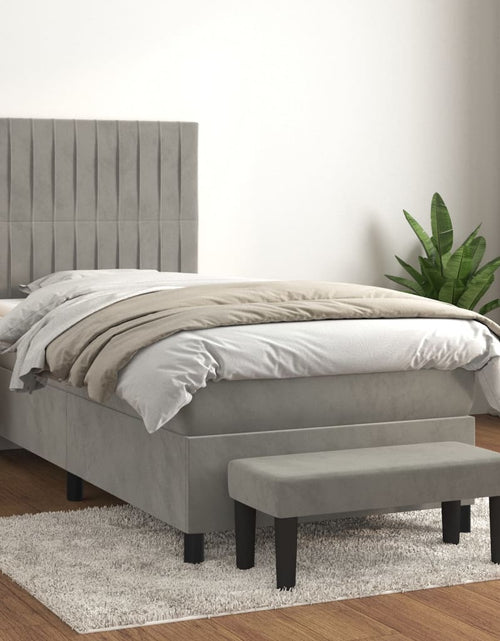 Загрузите изображение в средство просмотра галереи, Pat box spring cu saltea, gri deschis, 90x190 cm, catifea
