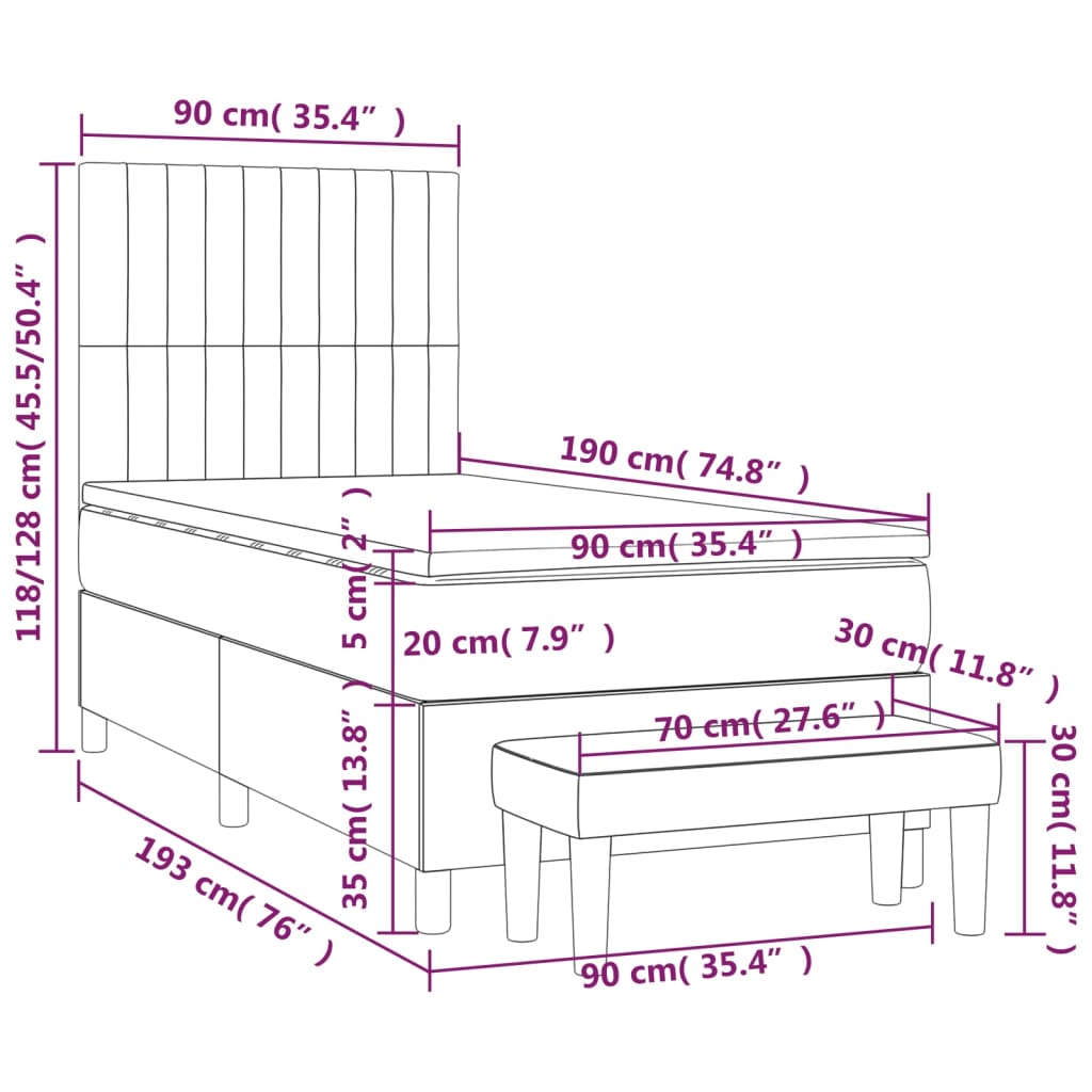 Pat box spring cu saltea, gri închis, 90x190 cm, catifea