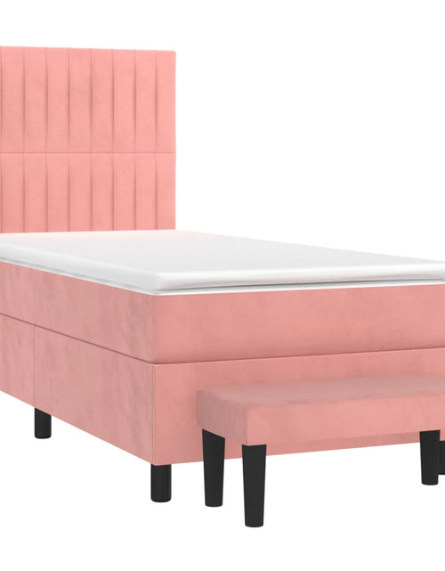 Загрузите изображение в средство просмотра галереи, Pat box spring cu saltea, roz, 90x190 cm, catifea
