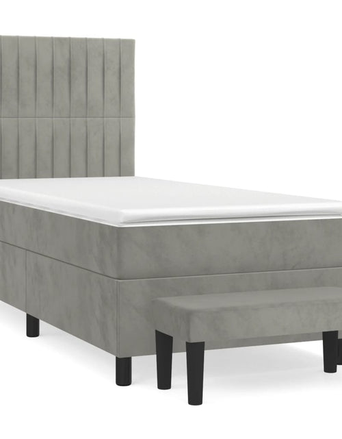 Загрузите изображение в средство просмотра галереи, Pat box spring cu saltea, gri deschis, 90x200 cm, catifea
