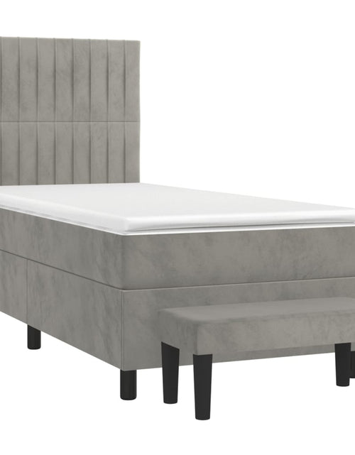 Загрузите изображение в средство просмотра галереи, Pat box spring cu saltea, gri deschis, 90x200 cm, catifea
