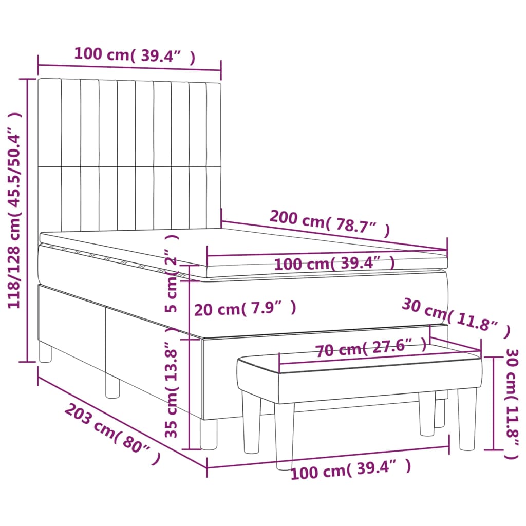 Pat box spring cu saltea, gri închis, 100x200 cm, catifea