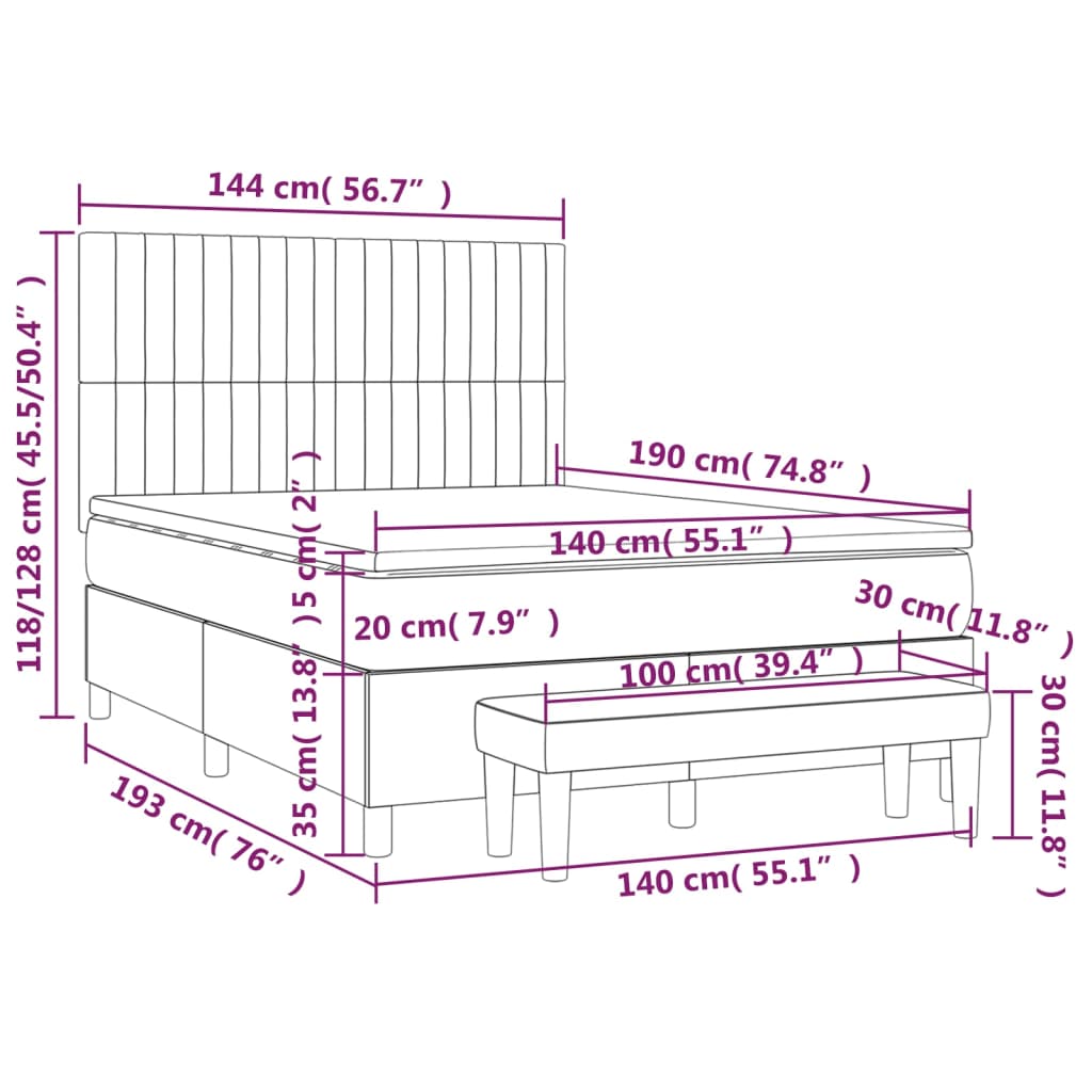 Pat box spring cu saltea, gri închis, 140x190 cm, catifea