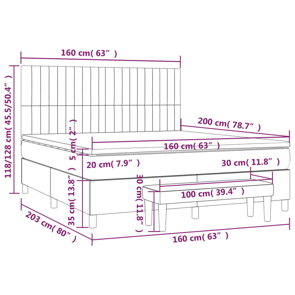 Pat box spring cu saltea, gri închis, 160x200 cm, catifea