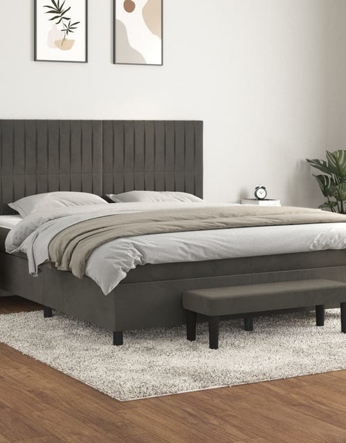 Загрузите изображение в средство просмотра галереи, Pat box spring cu saltea, gri închis, 160x200 cm, catifea
