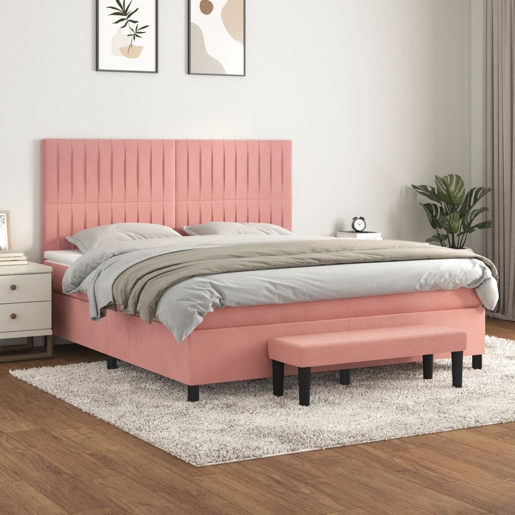 Pat box spring cu saltea, roz, 160x200 cm, catifea