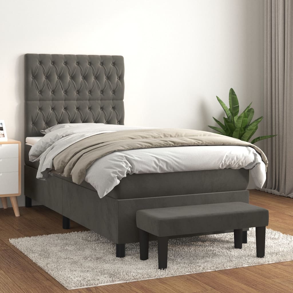 Pat box spring cu saltea, gri închis, 80x200 cm, catifea