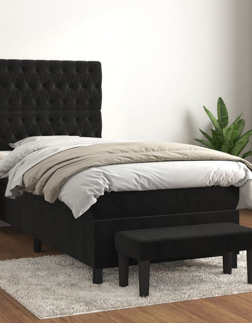 Загрузите изображение в средство просмотра галереи, Pat box spring cu saltea, negru, 80x200 cm, catifea
