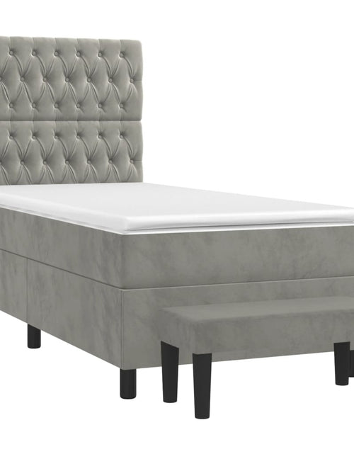 Загрузите изображение в средство просмотра галереи, Pat box spring cu saltea, gri deschis, 90x200 cm, catifea
