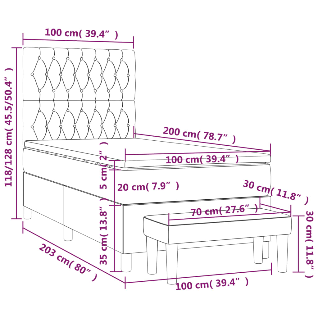 Pat box spring cu saltea, roz, 100x200 cm, catifea