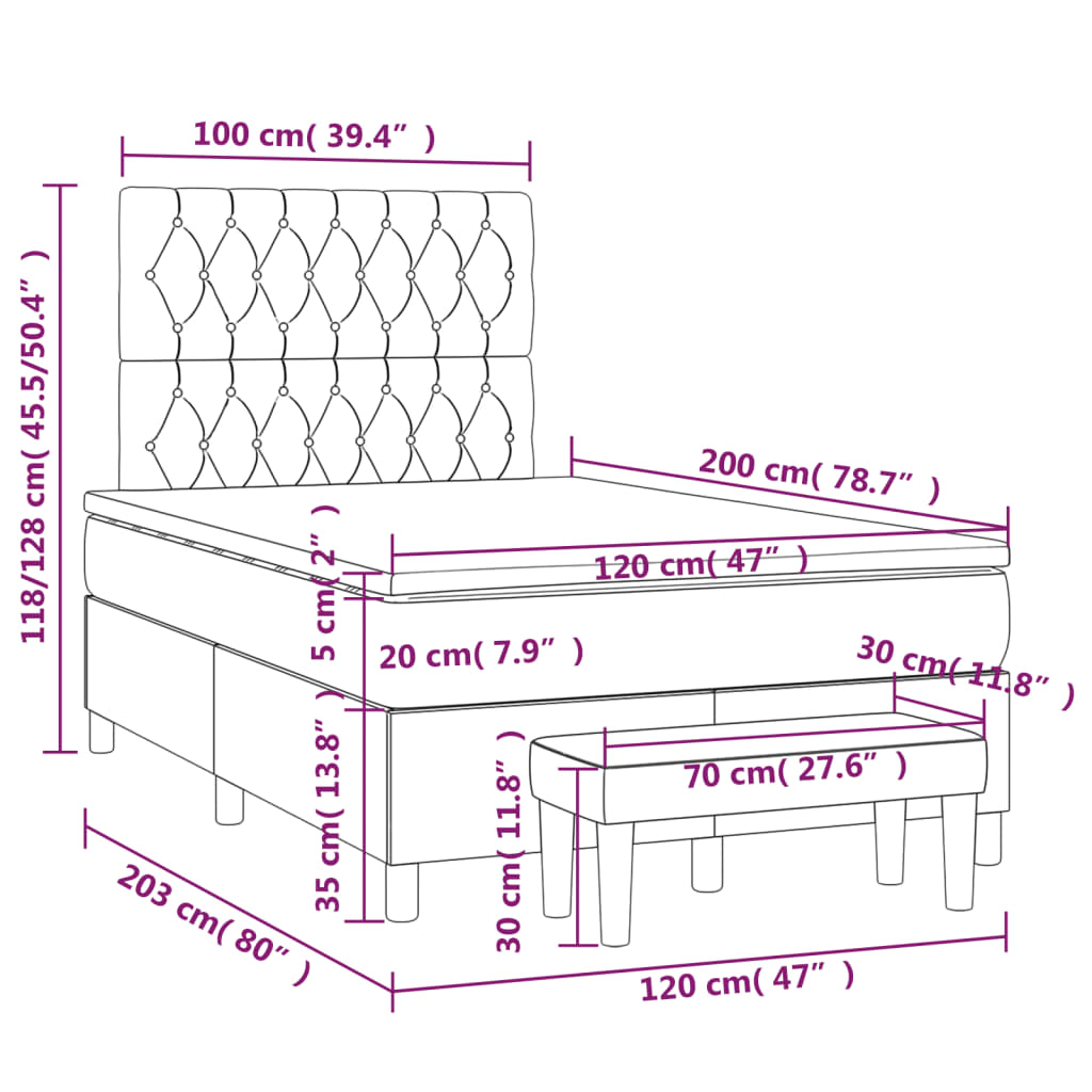 Pat box spring cu saltea, gri închis, 120x200 cm, catifea