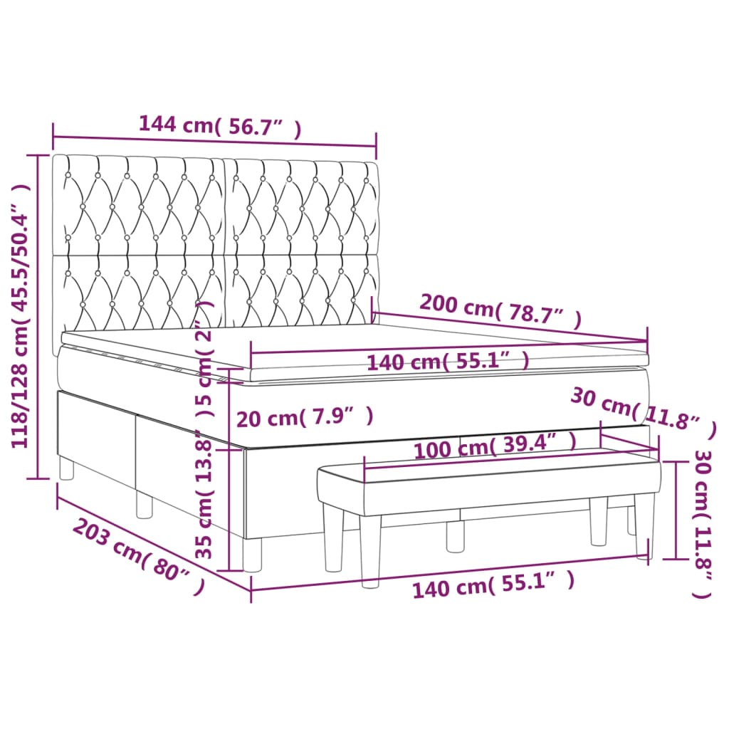 Pat box spring cu saltea, gri închis, 140x200 cm, catifea