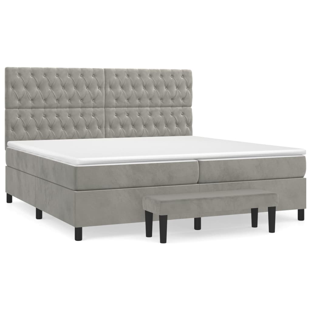 Pat box spring cu saltea, gri deschis, 200x200 cm, catifea