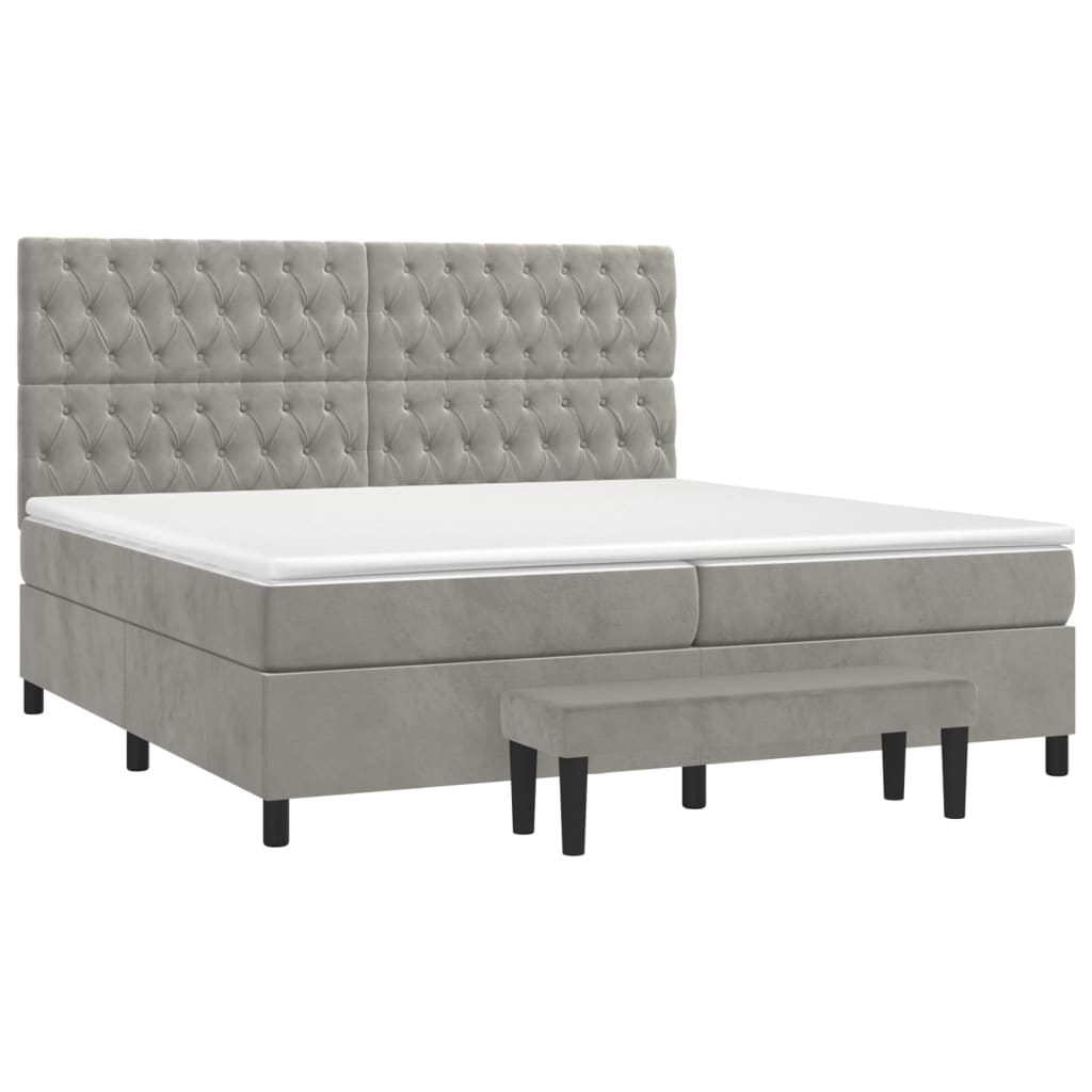 Pat box spring cu saltea, gri deschis, 200x200 cm, catifea