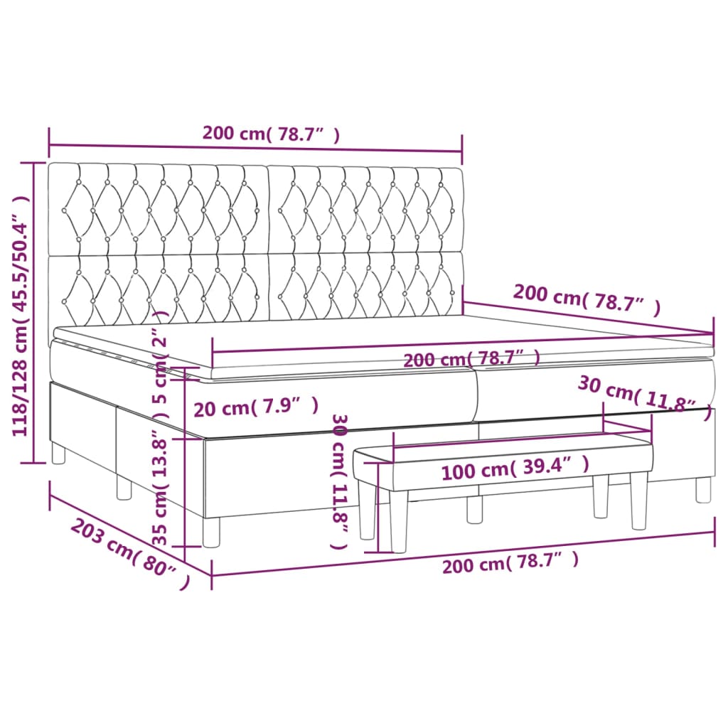 Pat box spring cu saltea, gri deschis, 200x200 cm, catifea