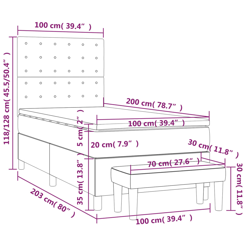 Pat box spring cu saltea, gri închis, 100x200 cm, catifea