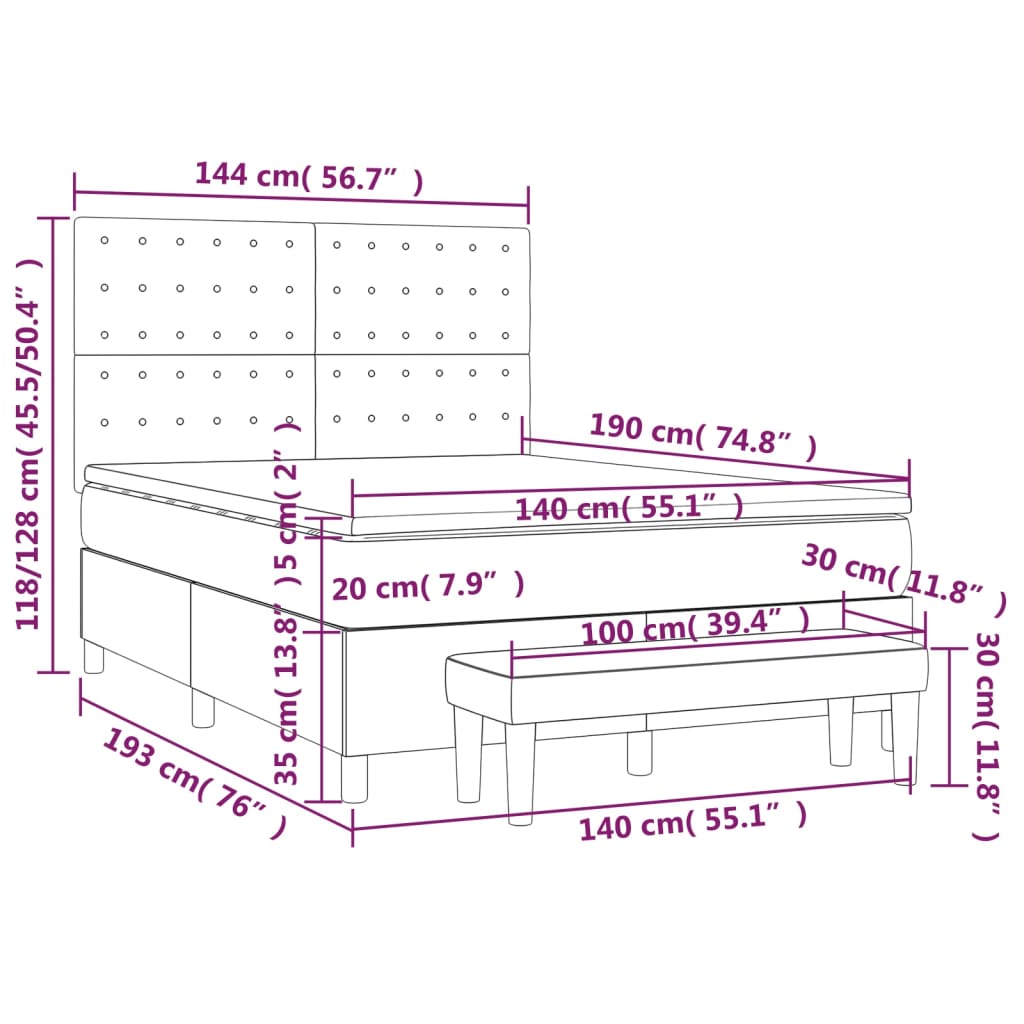 Pat box spring cu saltea, gri deschis, 140x190 cm, catifea