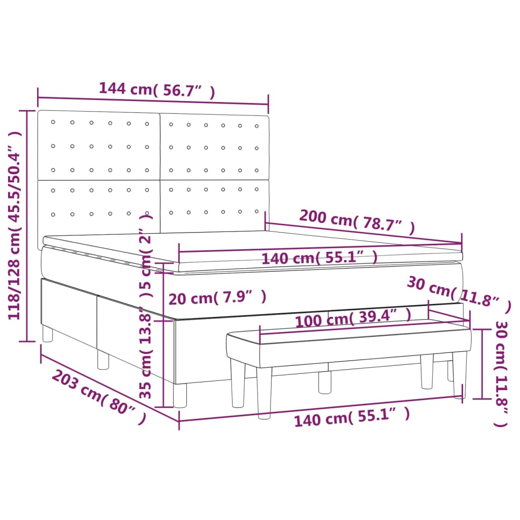 Pat box spring cu saltea, gri deschis, 140x200 cm, catifea