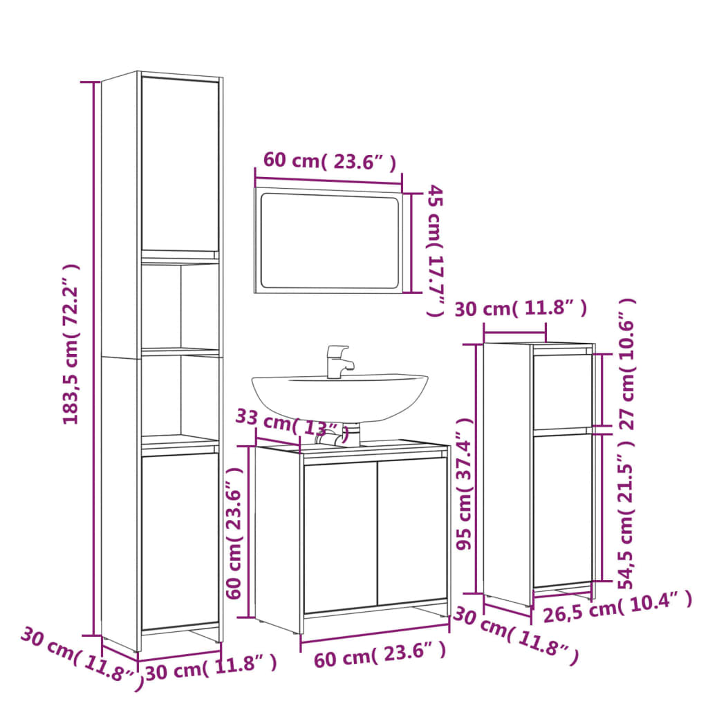 Set mobilier de baie, 4 piese, stejar maro, lemn prelucrat