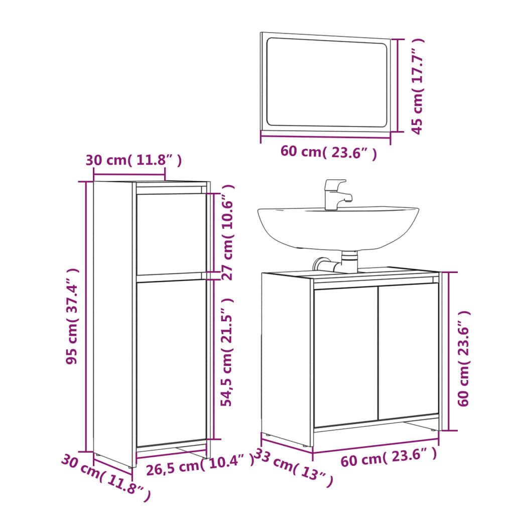 Set mobilier de baie, 3 piese, gri sonoma, lemn prelucrat