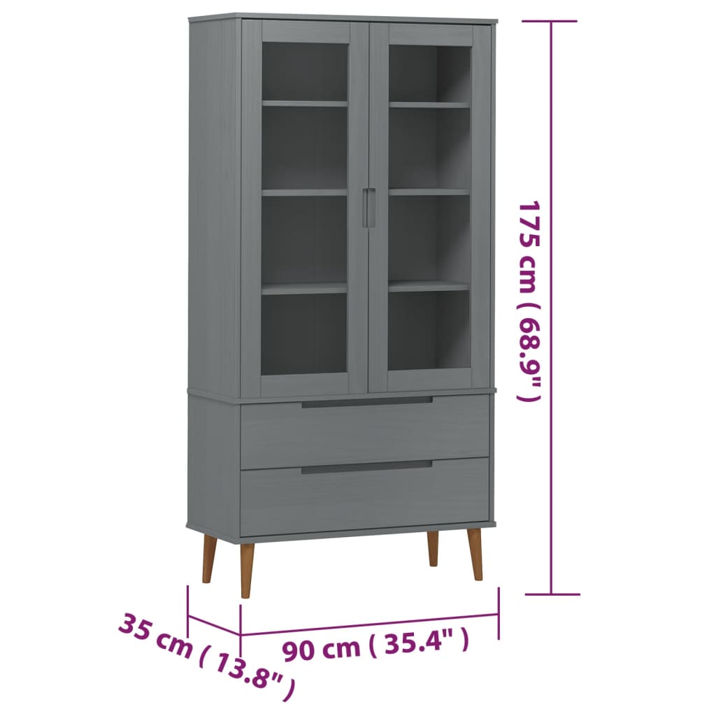 Dulap cu vitrină, gri, 90x35x175 cm, lemn masiv de pin