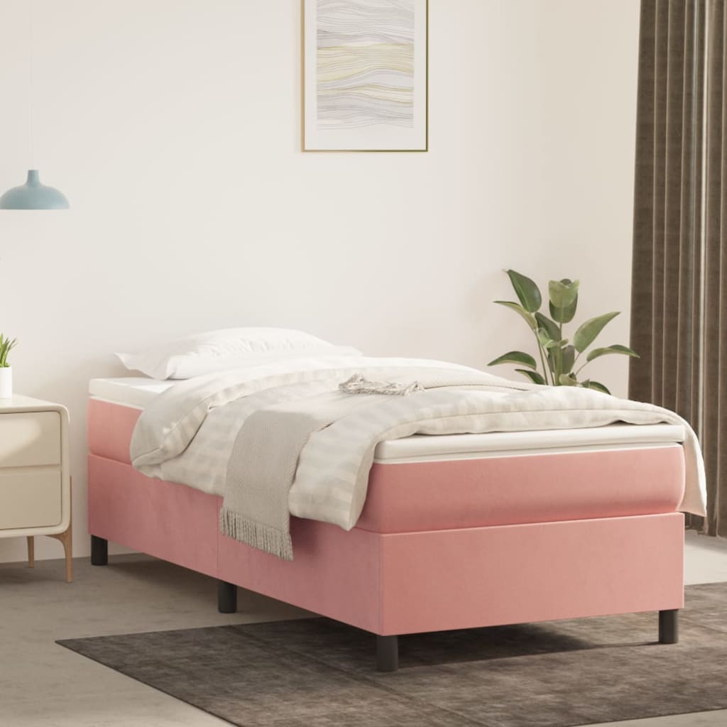 Pat box spring cu saltea, roz, 90x190 cm, catifea