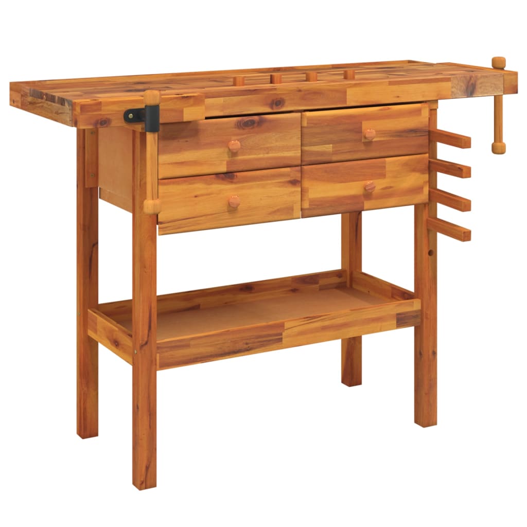 Banc de lucru cu sertare și menghine, 124x52x83 cm, lemn acacia