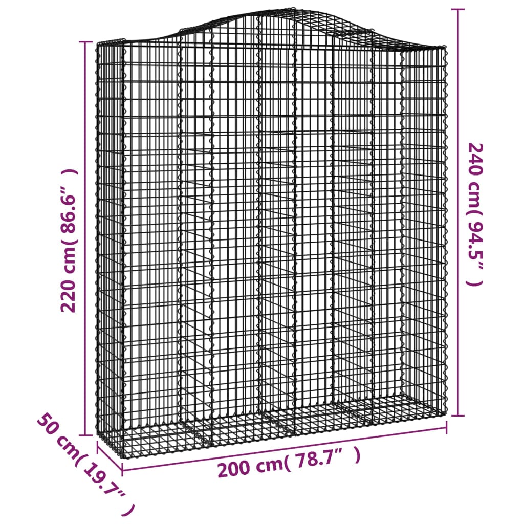 Coșuri gabion arcuite, 9 buc, 200x50x220/240cm, fier galvanizat