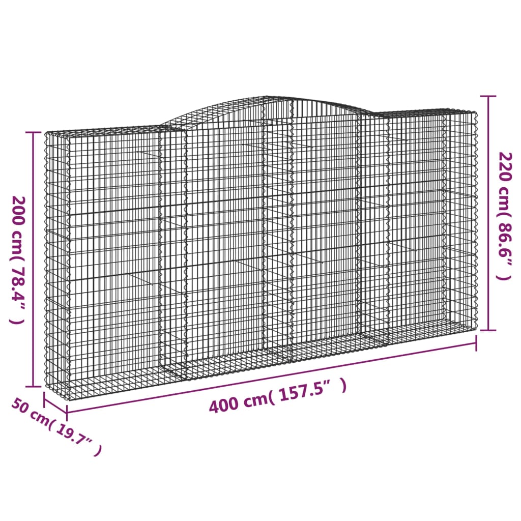 Coșuri gabion arcuite, 2 buc 400x50x200/220 cm, fier galvanizat